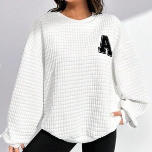 NWT Women's Oversized Sweatshirt Textured Crew Neck Pullover with Black Letter A